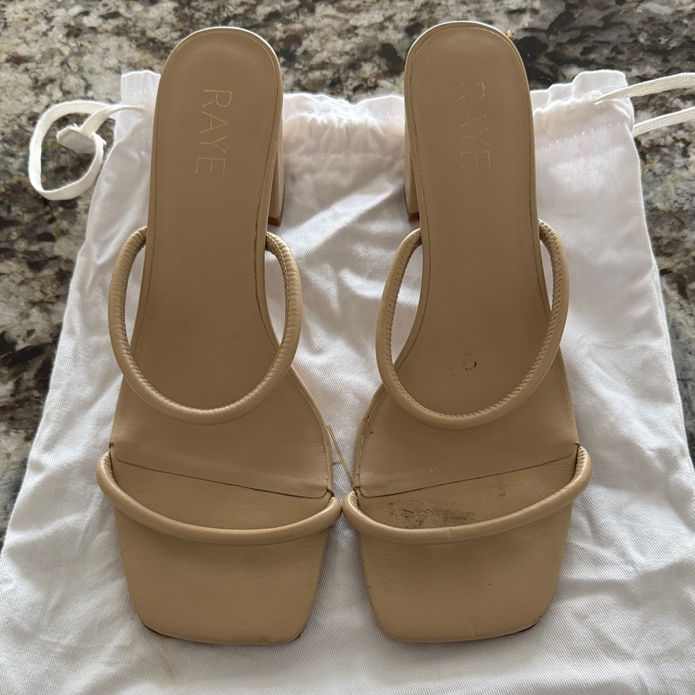 RAYE Beige Two-Strap Square-Toe Block Heel Sandals
